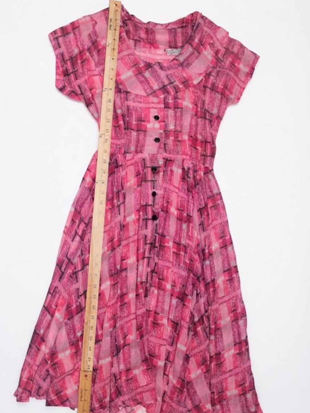 Vintage 1950s Murray White Pink Plaid Sheer Cotton Dress 12.5" Waist Small